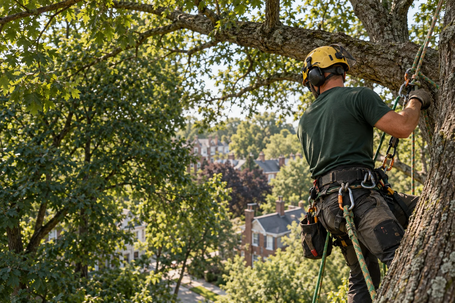 Illustrative photograph of a tree care professional in a mature oak